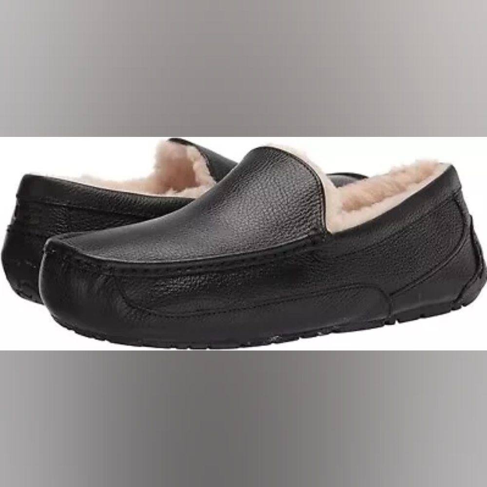 UGG Men's Black Ascot Leather with Wool Comfort Casual Slippers US 11